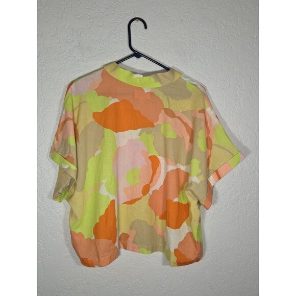Womens Macys Every Floral Button Down Linen Top Size XL Short Sleeve Cropped - Picture 4 of 5
